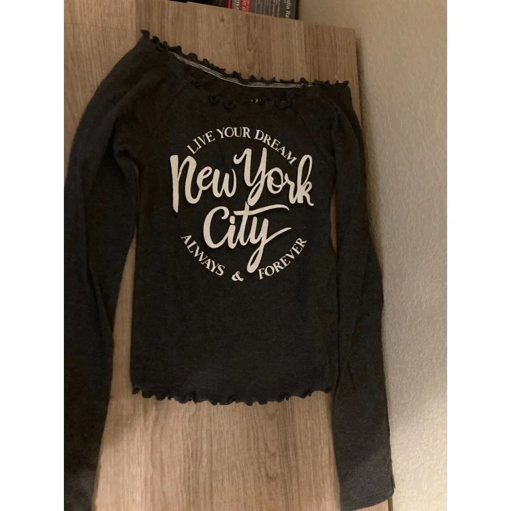 Justice Long Sleeve 10 Sparkly Cotton Blend Top Dark Gray New York City Scallop